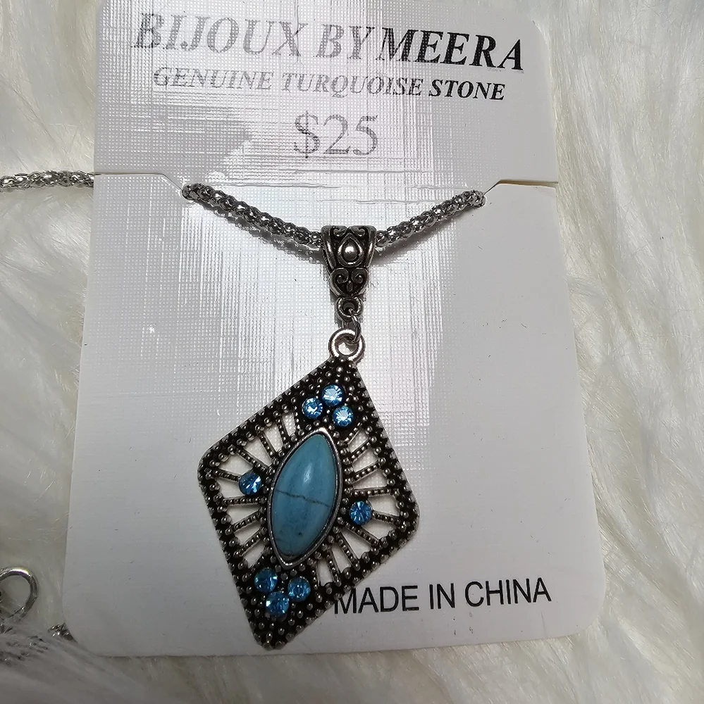 Blue and Silver Geometric Pendant Necklace by - Picture 2 of 2